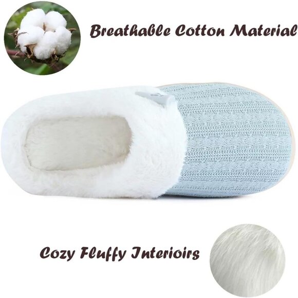 Women's Light Blue Scuff Faux Fur Lining Memory Warm Foam Plush Slippers Shoes - Picture 3 of 9